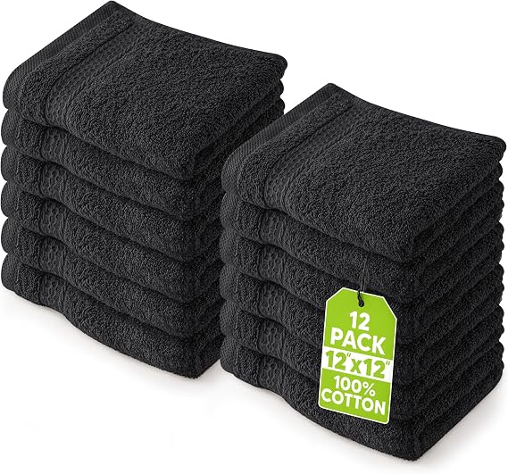 Utopia Towels 12 Pack Premium Wash Cloths, 12x12 in, 100% Cotton, Black