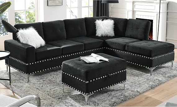 Yoglad 108'' Sectional Couches for Living Room, Modular 5-Seater Couch Sofa with Reversible Chaise & Cup Holders, L-Shaped Corner Sofa with Storage Ottoman for Apartment Office (Velvet, Black)