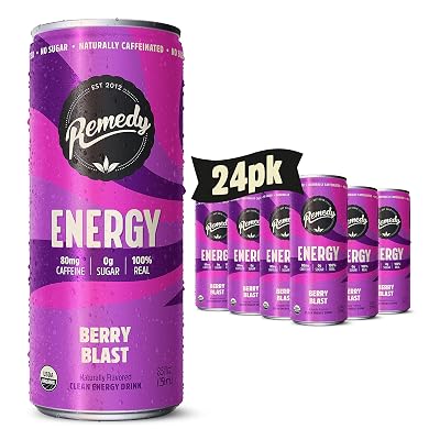 Remedy Energy Drink - Sugar Free, USDA Organic, Low Carb & Low Calorie - Clean Energy with Natural Caffeine & Antioxidants - Berry Blast- 8.5 Fl Oz Can, 24-Pack