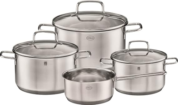 RÖSLE Stainless Steel 18/10 Pot Set 4-Piece with Glass Lid and Pouring Rim