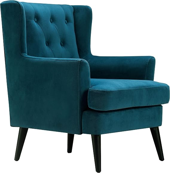 Elle Decor Celeste Tufted Velvet Accent Chair, Mid-Century Upholstered Armchair, Modern Wingback with Button Tufting Backrest, Durable Hardwood Construction, Teal