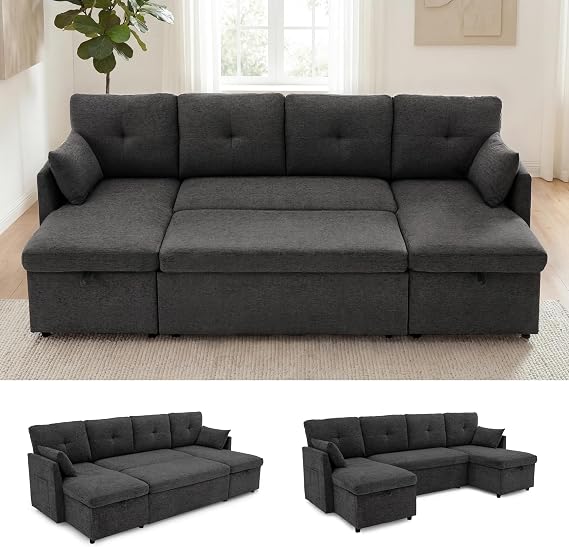 Huatean Home Oversized Sleeper Sofa Couch, 100 inch 2 in 1 Pullout Couch Bed with Side Pockets for Living Room, Sectional Sleeper Sofa Bed with Double Storage Chaise, Black