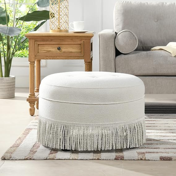 24" Round Upholstered Accent Ottoman, Tweed