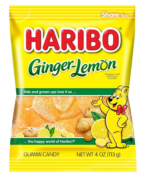 HARIBO Ginger Lemon Tangy Gummy Candy, 4 oz. Bag | Soft, chewy gummies with sweet, zesty ginger and lemon flavor. A bold twist on a classic fruity gummy candy.