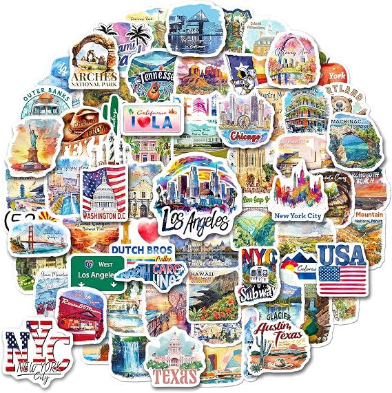 100PCS USA Travel Stickers for Scrapbooks Water Bottles Luggage