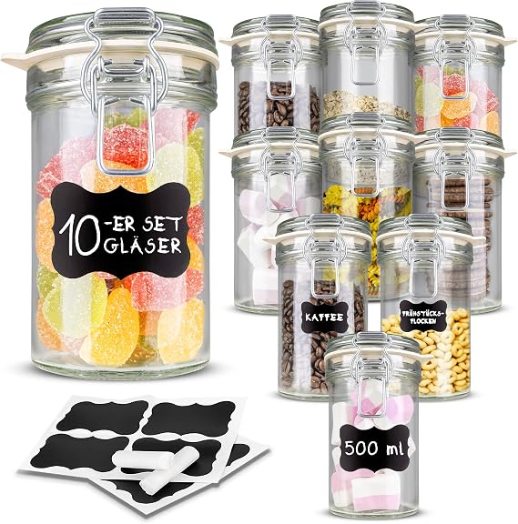 Creative Home 10 x Preserving Jars with Swing Top 500 ml x 10 Pieces Storage jars with lid and rubber ring wire hanger jars swing jars 12 reusable stickers + 1 anti-dust chalk