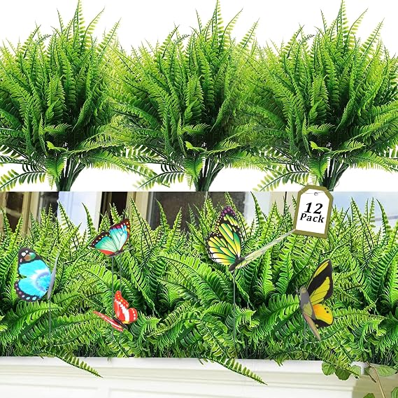 12Pcs Artificial Boston Ferns with 5Pcs Butterfly Stakes Ornaments, UV Resistant Faux Ferns for Outdoor Planters, Fake Greenery Stems for Front Patio, Garden, Porch, Window Box, Home Decor