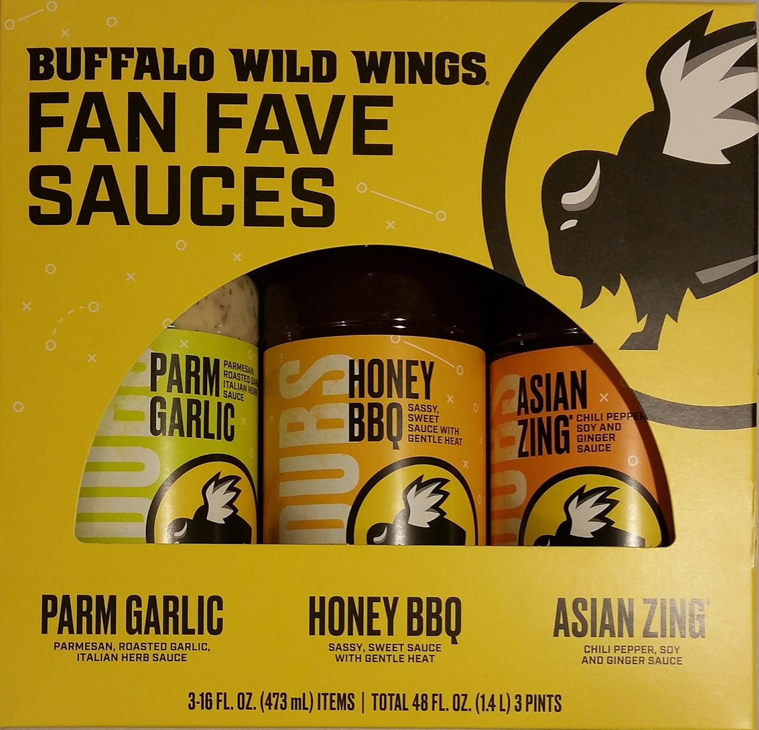 Buffalo Wild Wings Fan Fave Sauces - Parmesan Garlic, Honey BBQ, Asian Zing 3-16 oz Bottles Total