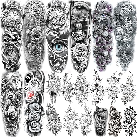 20 Blatt Schwarz Sexy Rose Blume Temporäre Tattoos Damen Klebetattoos Erwachsene Zahnrad Pfingstrose Blumen Auge Kompass Fake Zum Aufkleben Frauen 3D Groß Klebe Tattoo Aufkleber Haut Temporär