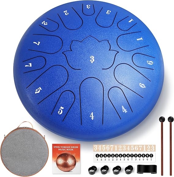 Steel Tongue Drum - 15 Note 12 Inch C Major Handpan Drum for Meditation and Beginners, with Music Book, Rain Drum Mallets, and Carrying Case (Blue, 12 Inch)