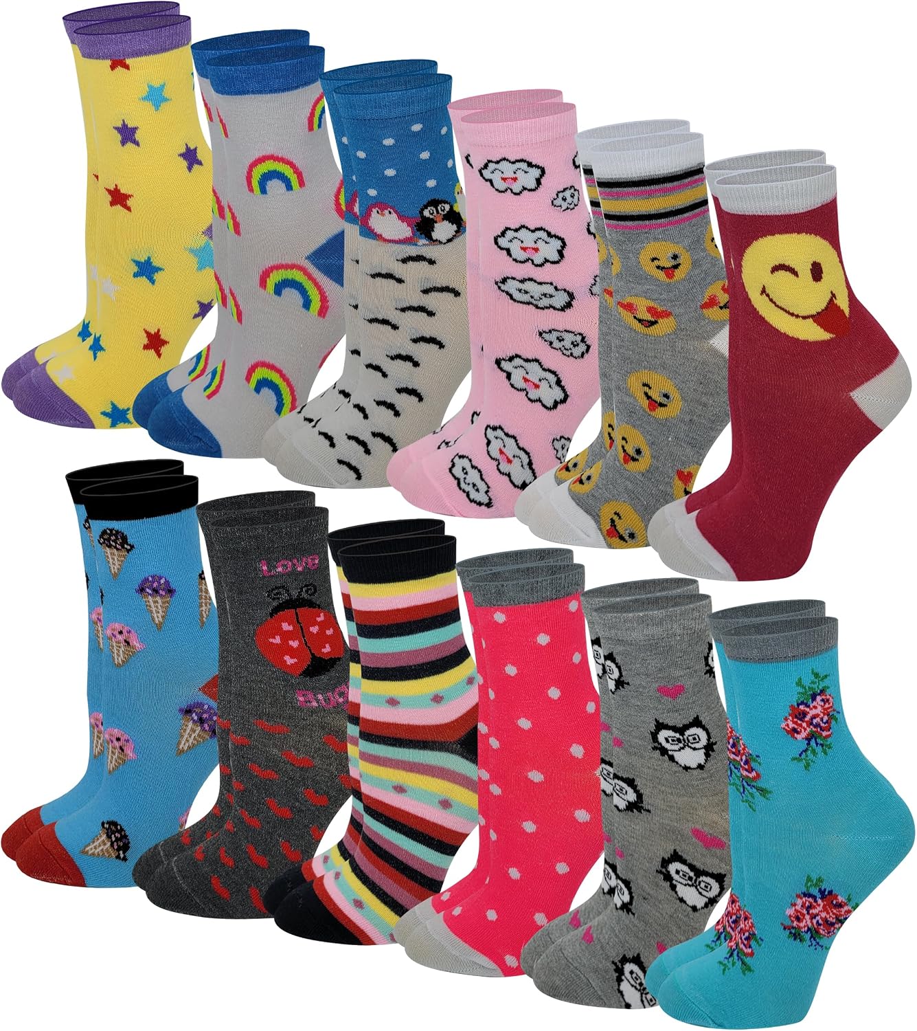 Girls Crew Socks | Fancy Design | Kids 12 Pairs