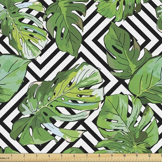 Ambesonne Tree Fabric by The Yard, Macro Palm Leaves on Minimalist Striped Geometric Botany Print, Decorative Fabric for Upholstery and Home Accents, 3 Yards, Green White