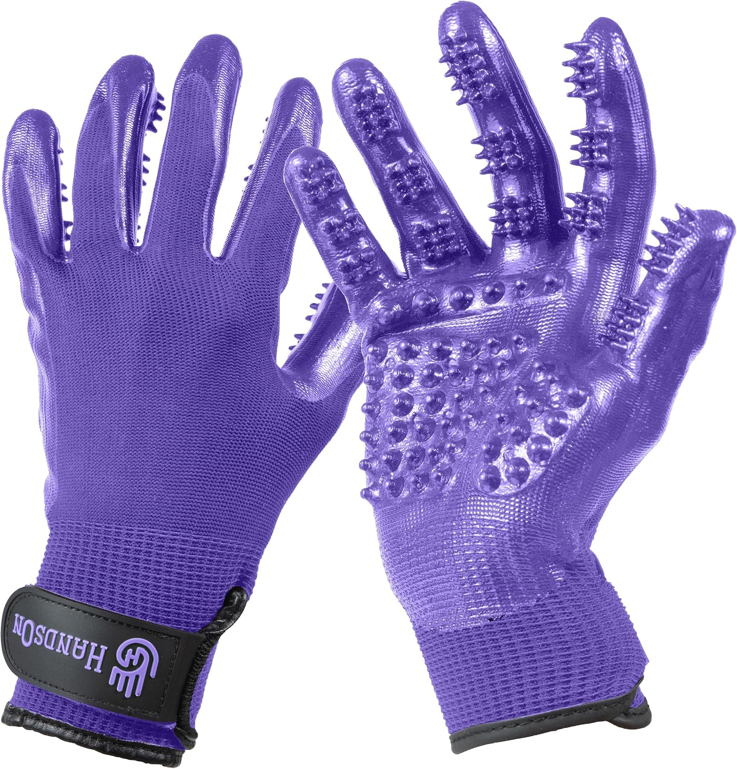 H HandsOn Pet Grooming Gloves - Patented #1 Ranked, Award Winning Shedding, Bathing, Hair Remover Gloves - Gentle Brush for Cats, Dogs, and Horses Mono Purple, Junior