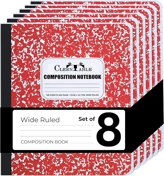 CLEENTABLE Composition Notebook 8 Pack, Wide Ruled Paper, Marble Cover Notebooks for School, 9.75 x 7.5 Inches, 100 Sheets (200 Pages), Sewn Binding Comp Books, Red