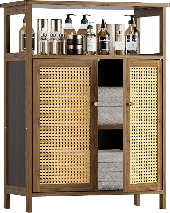 HITNET Rattan Bathroom Storage Cabinet, Bamboo Floor Cabinet with 2 Doors and Open Shelf, Freestanding Cupboard for Living Room, Entryway, Kitchen, Walnut