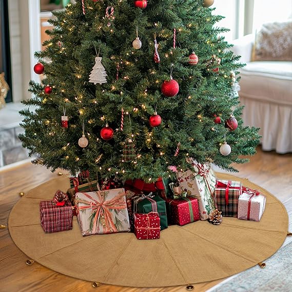 COTTON CRAFT Jute Christmas Tree Skirt with Gold Metal Bells 48 inches | Round Burlap Xmas Tree Skirt Rustic Farmhouse Holiday Tree Base Cover - Pizza Pie Style Skirt for Party Gifts - Natural