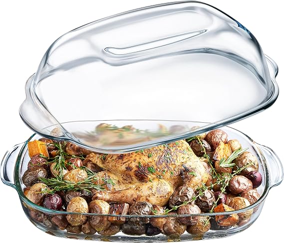 Simax Roaster Dish With High Lid Set, 8 Quart Glass Baking Dish | Borosilicate Glassware, Microwave Safe, Oven Safe, Dishwasher Safe, Large Casserole