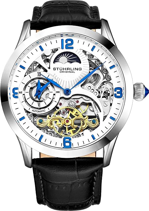Stuhrling Original Automatic Watch for Men Skeleton Watch Dial, Dual Time, AM/PM Sun Moon, Leather Band, Mens Watches Series