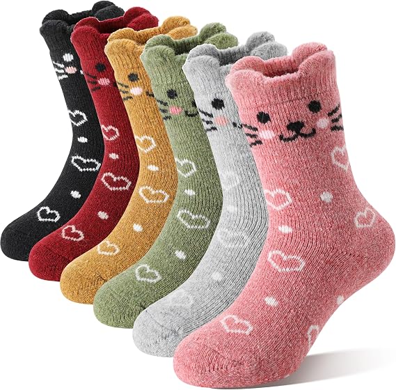 Kids Girls Toddlers Merino Wool Cat Socks Thermal Winter Warm Thick Cozy Cute Funny Crew Socks 6 Pairs