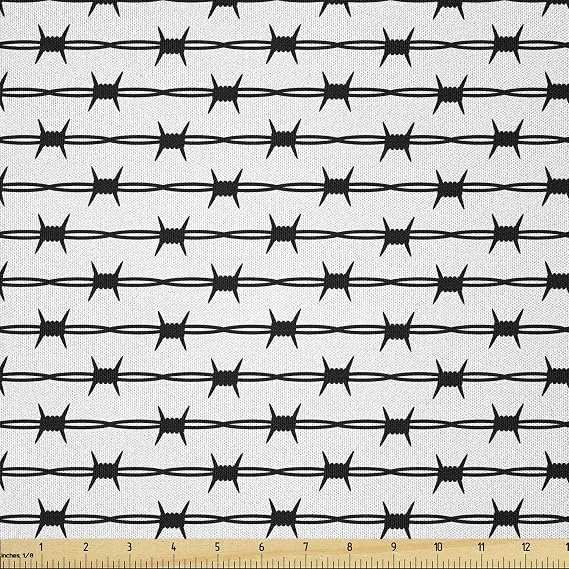 Lunarable Barbed Wire Fabric by The Yard, Barbed Wire Fence Horizontal Accessibility Protective Barrier Warning Themed, Microfiber Fabric for Arts and Crafts Textiles & Decor, 1 Yard, Black Ivory