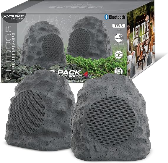 Xtreme Rock Speakers Outdoor Waterproof 2 Pack - IPX5 Water-Resistant Speaker with True Wireless Stereo - 33ft Range, Aux Port, Rechargeable Battery - Outdoor Speakers Bluetooth Waterproof Patio Use