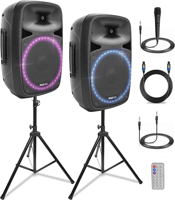 Pyle Powerful Wireless Sound 80W Portable Bluetooth PA Speaker - 15" Rechargeable Indoor/Outdoor Audio System w/Party Lights, Digital Display,