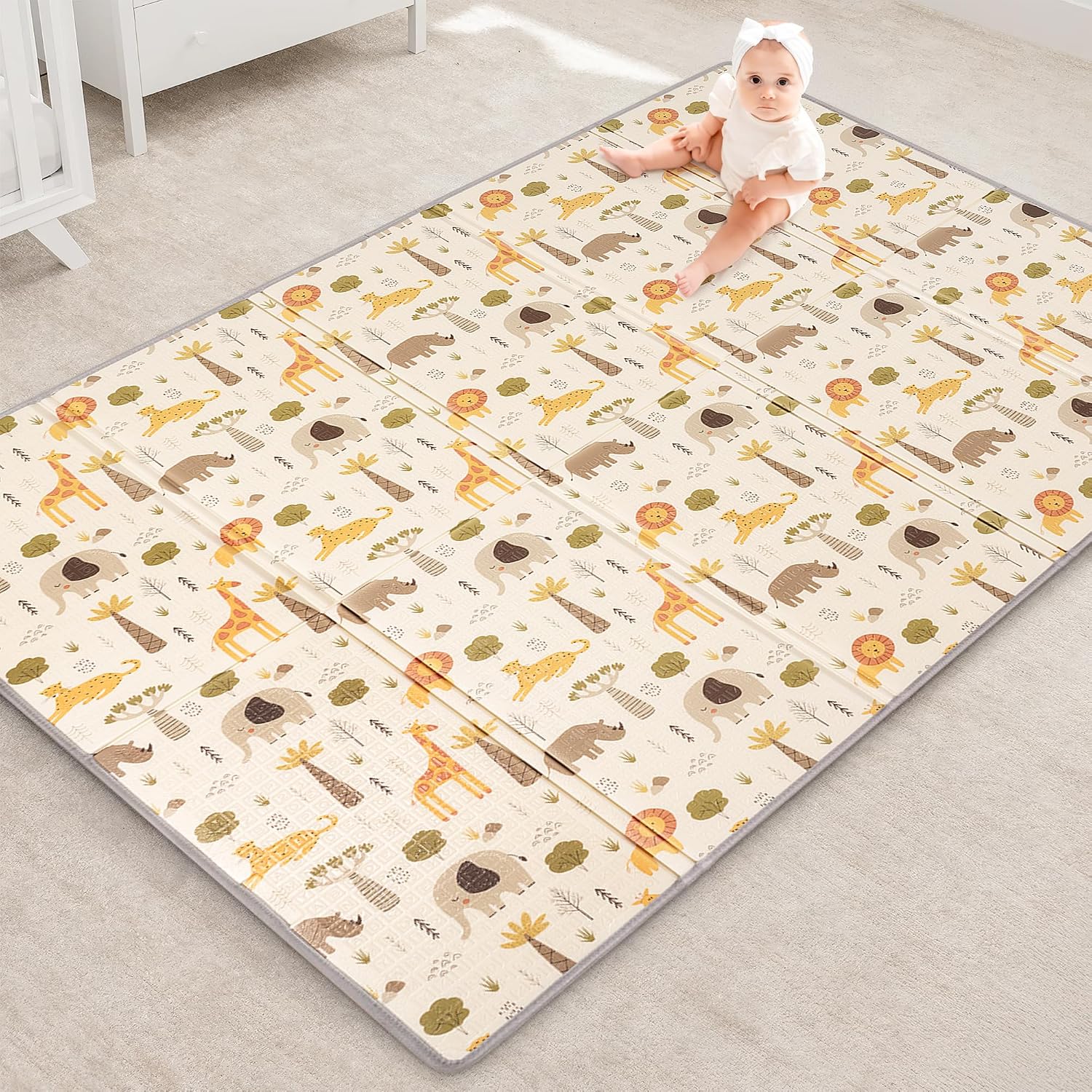 Reversible Baby Floor Mat 71x59x0.4in -Foldable, Lightweight Foam Playmat for Babies & Toddlers - Waterproof, Easy Cleaning & Storage - Ideal for IndoorOutdoor Play & Travel Savannah