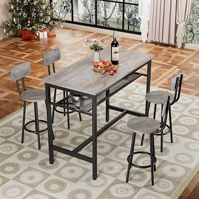 5 Piece Bar Table Set, Kitchen Bar Table and Chairs Set of 4, Modern Metal Counter Height Table with Stools for Dining Room, Living Room Breakfast Table Antique Grey