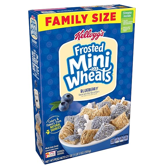 Kellogg's Breakfast Cereal, Frosted Mini-Wheats, Blueberry, Low Fat, Excellent Source of Fiber, Family Size, 21 oz Box
