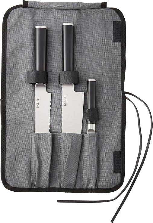 Babish German High-Carbon 1.4116 Steel Cutlery Knife Set, 3-Piece (Chef, Bread, Pairing Knive) w/Kitchen Knives Roll