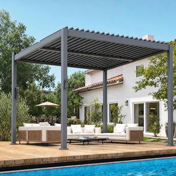 10x10 FT Louvered Pergola, Outdoor Aluminum Hardtop Gazebo with Adjustable Roof, Integrated Drainage, Easy Assembly for Patio, Deck, Garden