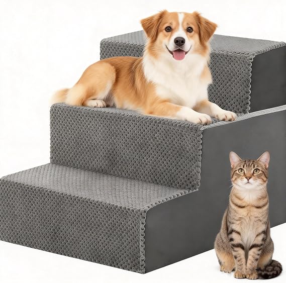 Simple Deluxe Dog Stairs for Small Dogs, 3-Step Dog Step for Puppy, Older Cat, Medium Pet Ramp for Sofa, Couch or Chair, Indoor Non-Slip Pet Ladder with High Density Foam, Gray