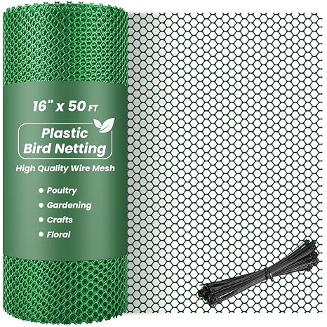 Toolterritary 16IN x 50FT Plastic Chicken Wire Mesh, Chicken Wire for Floral Arrangements, Chicken Wire Mesh for Crafts with 100 Pcs Zip Ties, Mesh Fence for Dogs, Deers, Poultry