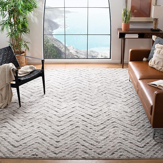 SAFAVIEH Adirondack Collection Area Rug - 9' x 12', Ivory & Charcoal, Chevron Design, Non-Shedding & Easy Care, Ideal for High Traffic Areas in Living Room, Bedroom (ADR104N)