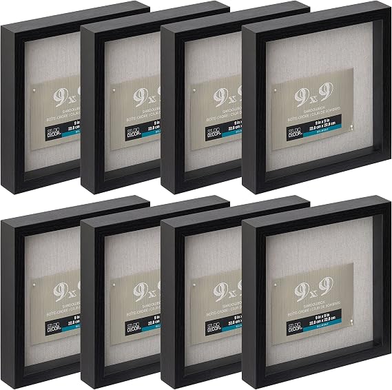 Studio Decor 9" x 9" Black Belmont Shadow Box - Memory Box Display Case for Keepsakes, Mementos, Memorabilia - Bulk 8 Pack