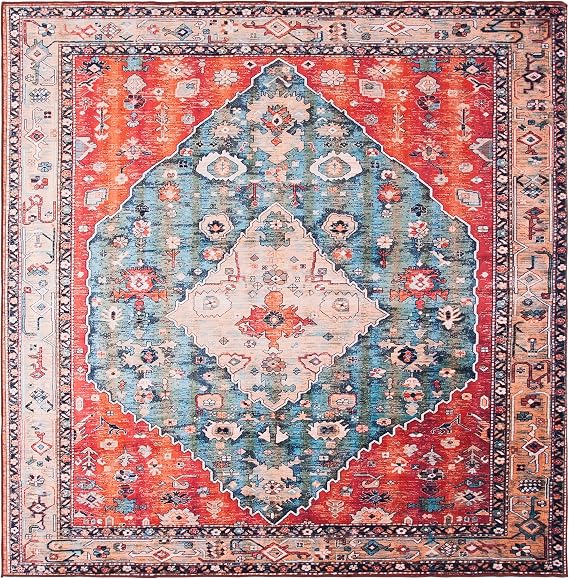 SAFAVIEH Washable Rug Tucson Collection - 6'6' Square, Beige & Blue, Slip Resistant & Easy to Clean, Ideal for Living Room, Bedroom, Dining Space (TSN104B)
