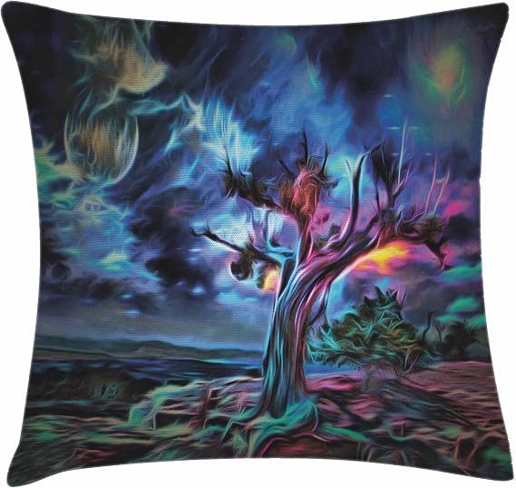 Ambesonne Night Sky Throw Pillow Cushion Cover, Desert Old Tree Hand Paint Like Image Cosmos Nebula Outer Space Themed Image, Decorative Square Accent Pillow Case, 18" X 18", Blue Purple