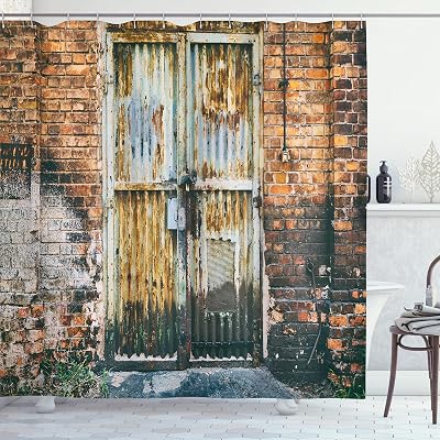 Lunarable Rustic Shower Curtain, Rustic Look Door to Old Brick Wall Abandoned Factory Urban Design Print, Cloth Fabric Bathroom Decor Set with Hooks, Grey and Pale Cinnamon