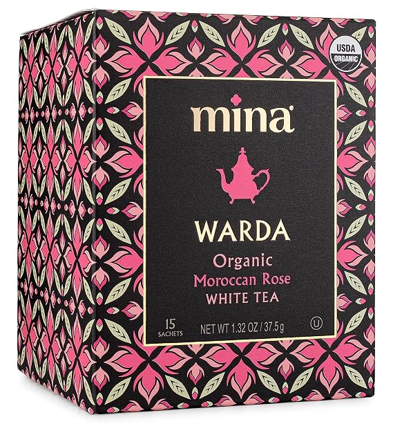 Mina Warda Organic Moroccan Rose White Tea, 15 Biodegradable Sachets - Rose Tea Bags, White Tea with Moroccan Rose Petals, Organic White Tea Bags, Low Caffeine Tea