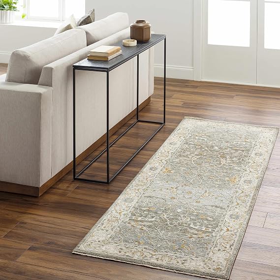 BoutiqueRugs Ivory Oriental Traditional 10ft Runner Rug Deep Teal Dusty Sage Taupe Off White Light Gray Olive Mustard Aviva Hallway Kitchen Corridor Stairway Laundry Room 2'7" x 10' Stain Resistant
